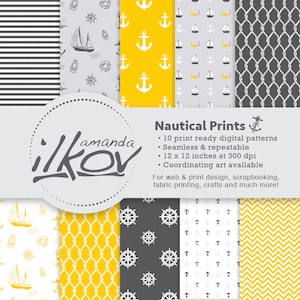 Grey and Yellow Nautical Digital Paper Set for Scrapbooking, Crafting and More - by Amanda Ilkov