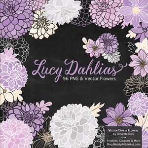 May include: A digital illustration of a collection of purple, white, and cream dahlia flowers with the text "Lucy Dahlias 96 PNG & Vector Flowers" on a black background.