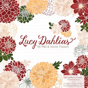 K&ouml;nnte beinhalten: Eine digitale Illustration von 96 roten, wei&szlig;en und gelben Dahlienbl&uuml;ten. Die Blumen sind in einem Kreis um den Text "Lucy Dahlias 96 PNG & Vector Flowers" angeordnet.