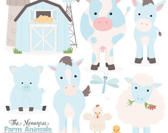 Premium Soft Blue Farm Animals Clip Art & Vectors - Soft Blue Farm Animals Clipart, Farm Animal Vectors, Barn Yard Clipart, Cow Clip Art