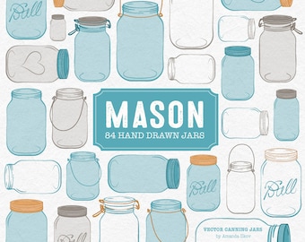 Professional Mason Jar Clipart in Vintage Blue - Mason Jar Clipart, Glass Jar Clipart, Preserve Jar, Jam Jars, Mason Jars