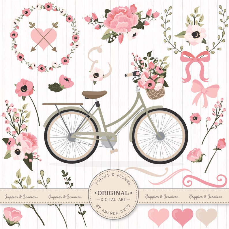 Peut inclure: Une illustration num&eacute;rique d'un v&eacute;lo vintage avec un panier de fleurs roses et blanches. Le v&eacute;lo est entour&eacute; de couronnes de fleurs, de n&oelig;uds, de c&oelig;urs et d'autres &eacute;l&eacute;ments floraux. Le texte "Poppies & Peonies" et "Original Digital Art by Amanda Ilkov" est inclus dans l'image.