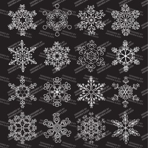 K&ouml;nnte beinhalten: Ein Satz von 12 filigranen Schneeflocken-Designs, jedes mit einem einzigartigen Muster und filigranen Details. Die Schneeflocken sind wei&szlig; und vor einem schwarzen Hintergrund platziert.