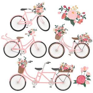 Peut inclure: Quatre bicyclettes roses avec des accents floraux. Un v&eacute;lo simple avec un panier de fleurs, un v&eacute;lo simple avec un panier de fleurs et un ruban attach&eacute; au guidon, un v&eacute;lo tandem avec un panier de fleurs &agrave; l'arri&egrave;re et un v&eacute;lo simple avec des fleurs sur le guidon. Il y a aussi deux arrangements floraux s&eacute;par&eacute;s.