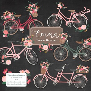 Peut inclure: Un ensemble de cinq illustrations de bicyclettes fleuries en rose, rouge et vert avec des paniers de fleurs. Les bicyclettes sont sur un fond de tableau noir avec le texte "Emma Floral Bicycles".