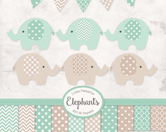 Premium Elephant Clipart, Vectors & Digital Papers in Mint with Tan - Mint Elephant Clip Art, Elephant Vectors, Baby Elephants