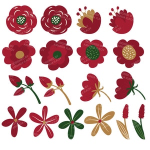 Op de afbeelding: Een set van 14 digitale illustraties met rode en gouden bloemen. De bloemen zijn in verschillende stijlen, waaronder eenvoudig, gestileerd en gedetailleerd. De illustraties zijn perfect om een vleugje whimsy toe te voegen aan elk project.