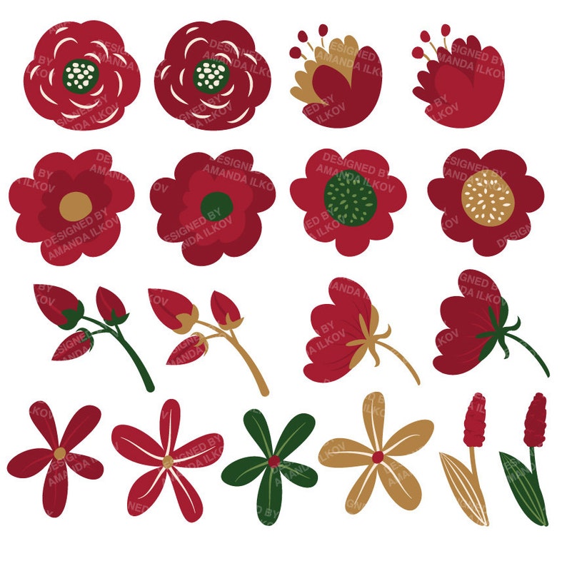 Op de afbeelding: Een set van 14 digitale illustraties met rode en gouden bloemen. De bloemen zijn in verschillende stijlen, waaronder eenvoudig, gestileerd en gedetailleerd. De illustraties zijn perfect om een vleugje whimsy toe te voegen aan elk project.