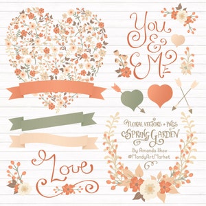 Clipart y vectores profesionales de corazones florales de durazno - Imágenes prediseñadas de corazón floral, Imágenes prediseñadas de cumpleaños, Imágenes prediseñadas de bodas, Vectores de bodas