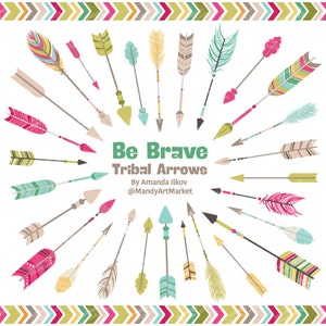 May include: A set of 20 colorful tribal arrows with various patterns and designs. The arrows are arranged in a circle around the text "Be Brave Tribal Arrows" with the artist's name and social media handle below.