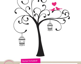 Liebe Vögel ClipArts für Hochzeitseinladungen, Wandkunst, digitale Scrapbooking und mehr - 12" Vögel in einem Baum Clipart von Amanda Ilkov