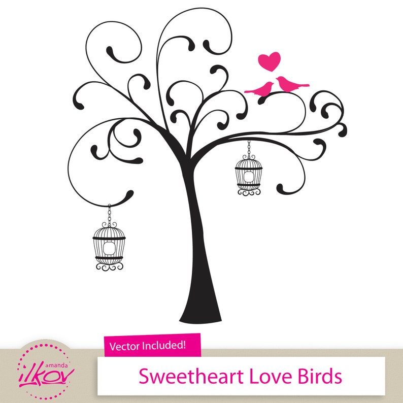 Love Birds Clipart for Wedding Invitations, Wall Art, Digital Scrapbooking and More 12 Birds in a Tree Clipart by Amanda Ilkov image 1