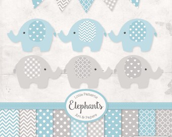 Premium Elephant Clipart, Vectors & Digital Papers in Soft Blue with Grey - Soft Blue Elephant Clip Art, Elephant Vectors, Baby Elephants