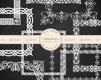 Premium Digital Lace Frames, Lace Border Clip Art, Digital Scrapbook Frames - White Lace Square Frames and Rectangle Frames