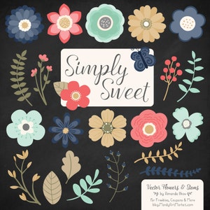 May include: A set of digital illustrations featuring various flowers and stems in a variety of colors, including blue, pink, yellow, and green. The illustrations are arranged in a circle around a white rectangle with the text "Simply Sweet" in black cursive writing. The text "Vector Flowers & Stems" is also included in the image, along with the artist's name and website.