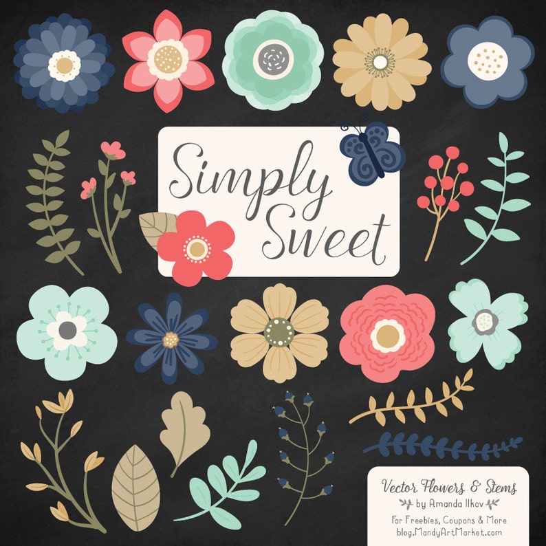 May include: A set of digital illustrations featuring various flowers and stems in a variety of colors, including blue, pink, yellow, and green. The illustrations are arranged in a circle around a white rectangle with the text "Simply Sweet" in black cursive writing. The text "Vector Flowers & Stems" is also included in the image, along with the artist's name and website.