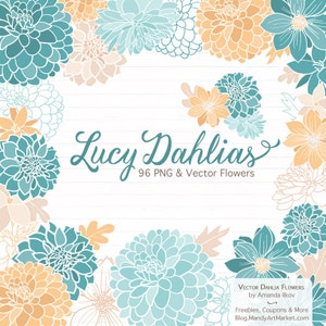 May include: A digital illustration of 96 teal and peach dahlias, with the text "Lucy Dahlias 96 PNG & Vector Flowers" in a handwritten font.