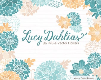 Lucy Dahlia Clipart & Vectors in Vintage Blue - blue flowers, vector flowers, flower clipart, dahlia flowers, vector dahlias, dahlia clipart