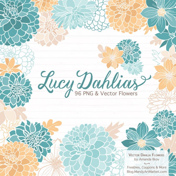 Lucy Dahlia Clipart & Vectors in Vintage Blue - blue flowers, vector flowers, flower clipart, dahlia flowers, vector dahlias, dahlia clipart