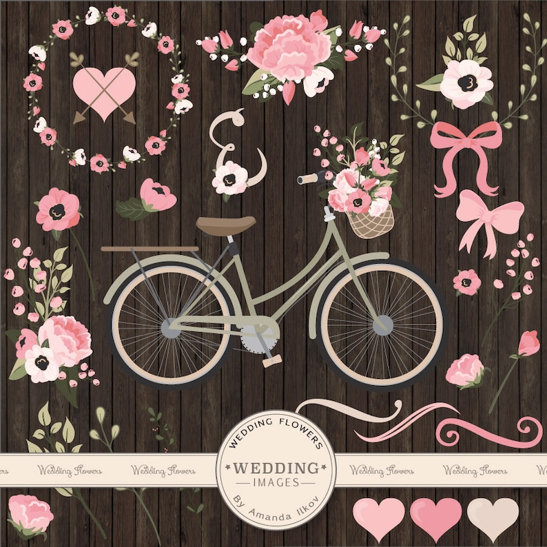 Peut inclure: Un ensemble de clipart de mariage floral rose et blanc, comprenant un v&eacute;lo avec un panier de fleurs, des couronnes, des n&oelig;uds, des c&oelig;urs et des volutes. Les graphismes sont sur un fond en bois.