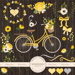 May include: A set of yellow and white floral wedding graphics, including a bicycle, wreaths, bows, hearts, and ampersand. The graphics are on a wood background. Wedding Flowers by Amanda Ilkov.