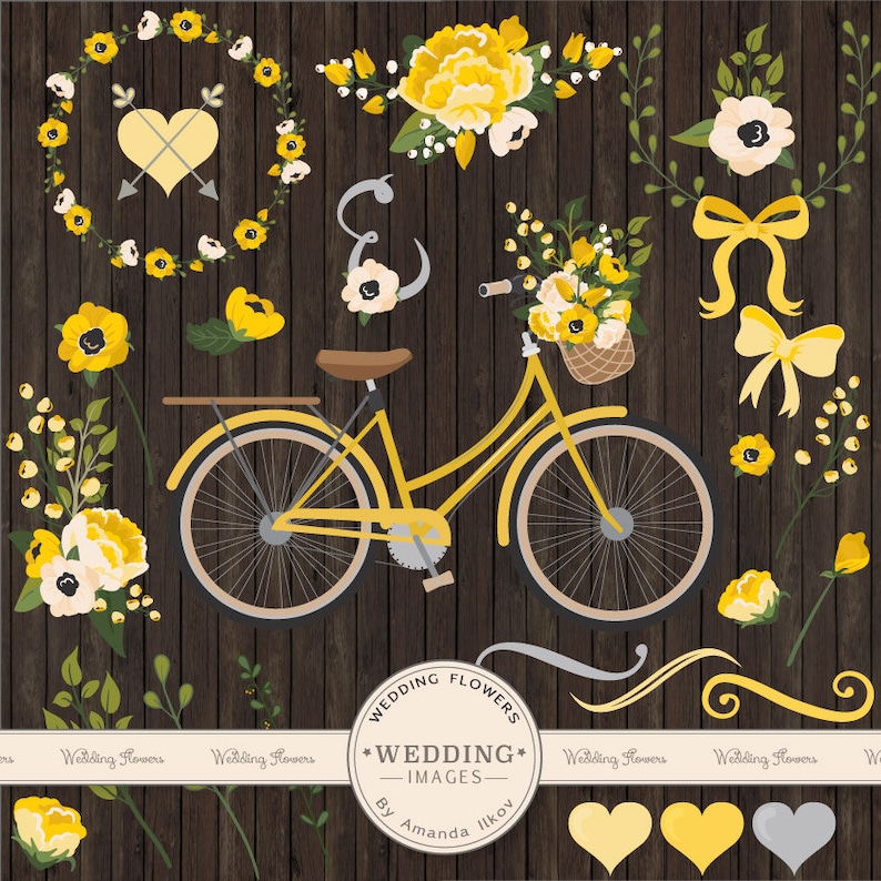 May include: A set of yellow and white floral wedding graphics, including a bicycle, wreaths, bows, hearts, and ampersand. The graphics are on a wood background. Wedding Flowers by Amanda Ilkov.