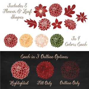 K&ouml;nnte beinhalten: Satz mit 8 Blumen- und Blattformen in 4 Farben, jede mit 3 Umrissoptionen: Hervorhebung, nur F&uuml;llung und nur Umriss. Enth&auml;lt die Farben Rot, Gelb, Creme und Gr&uuml;n.