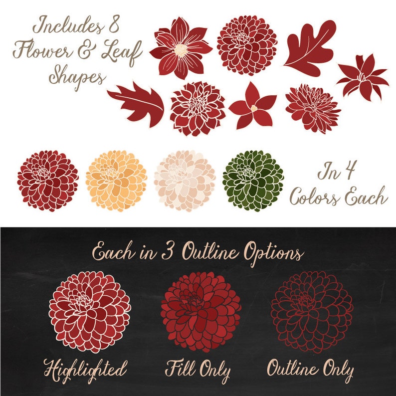 K&ouml;nnte beinhalten: Satz mit 8 Blumen- und Blattformen in 4 Farben, jede mit 3 Umrissoptionen: Hervorhebung, nur F&uuml;llung und nur Umriss. Enth&auml;lt die Farben Rot, Gelb, Creme und Gr&uuml;n.