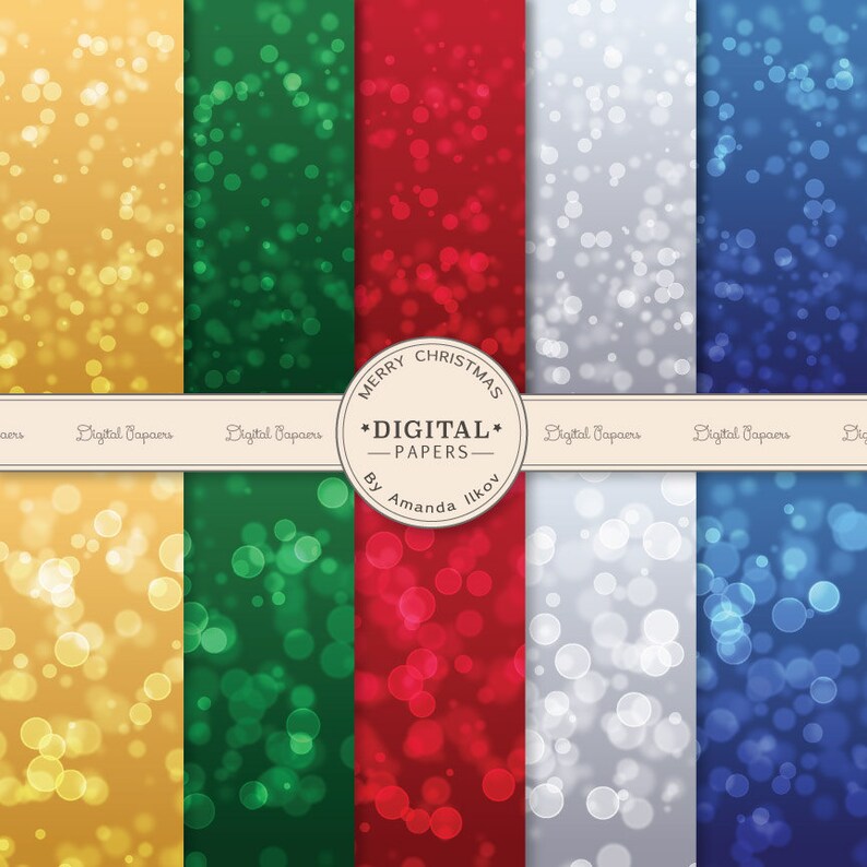 May include: Set of six digital papers featuring a bokeh effect in gold, green, red, silver, and blue. The papers are labeled "Merry Christmas *Digital* -Papers- By Amanda Ilkov".