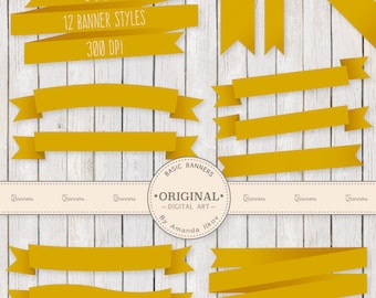 Professional Digital Ribbon Banners - Gold Banners, Gold Ribbon, Digital Banners, Scrapbook Banners, Banner Clip Art, Banner Vectors