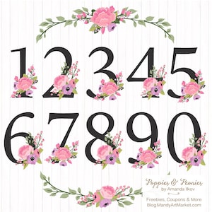 Könnte beinhalten: Blumenzahlen von 1 bis 9 mit rosa und violetten Blumen. Die Zahlen sind schwarz und weiß umrandet. Die Blumen sind um die Zahlen herum angeordnet. Der Hintergrund ist ein weißes Holzmaserungsmuster. Der Text "Poppies & Peonies by Amanda Ilkov" befindet sich am unteren Rand des Bildes. Der Text "Freebies, Coupons & More Blog.MandyArtMarket.com" befindet sich am unteren Rand des Bildes.