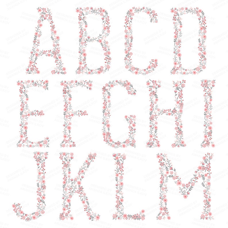 Professional Floral Alphabet Clipart & Vectors Pink And Grey Floral Monogram, Floral Alphabet Clip Art, Floral Wedding Clipart immagine 4