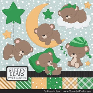 Professional Green Sleepy Bears Clipart - Green Bedtime Bears Clipart, Teddy Bear Vectors, Sleeping Bears