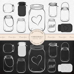 May include: A set of 10 black and white mason jar illustrations. The jars are drawn in a simple, hand-drawn style. Some jars have a heart design, while others have the word "Ball" written on them. The jars are perfect for crafting, decorating, or adding a rustic touch to your projects.