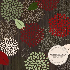 May include: A digital art print featuring a woodgrain background with red, green and cream floral designs. The text "Dahlias & Leaves - Original - Digital Art - By Amanda Ilkov" is in a circle at the bottom right corner of the image.