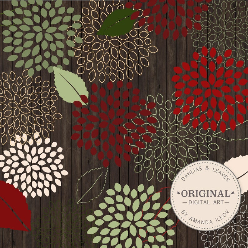 May include: A digital art print featuring a woodgrain background with red, green and cream floral designs. The text "Dahlias & Leaves - Original - Digital Art - By Amanda Ilkov" is in a circle at the bottom right corner of the image.