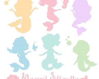 Professional Mermaid Silhouettes Clipart in Pastel - pastel Mermaids, Mermaid Clipart, Mermaid Vectors