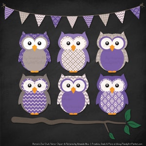 Patterned Purple Owls Clipart and Digital Papers purple Owl Clipart, Owl Vectors, Baby Owls, Cute Owls image 3