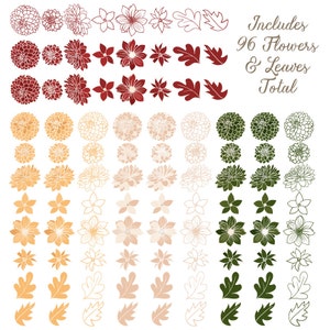 K&ouml;nnte beinhalten: Ein digitaler Clipart-Satz mit 96 floralen und blattmusterartigen Illustrationen. Der Satz enth&auml;lt rote, orange, beige und gr&uuml;ne Blumen und Bl&auml;tter. Der Text "Includes 96 Flowers & Leaves Total" ist im Bild enthalten.