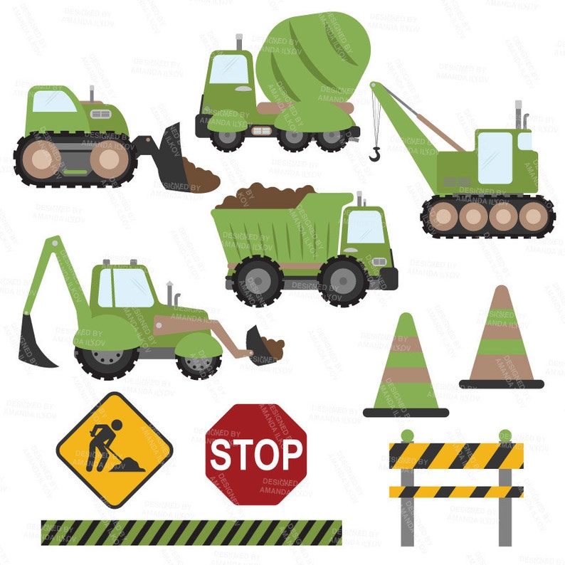 May include: A set of green construction vehicles including a cement mixer, dump truck, excavator, bulldozer, and crane. There are also two green traffic cones, a stop sign, a construction sign, and a construction barrier.