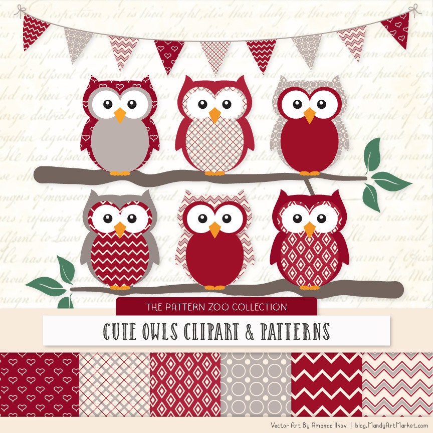 Patterned Ruby Owls Clipart and Digital Papers - Ruby Red Owl Clipart, Owl Vectors, Baby Owls, Cute