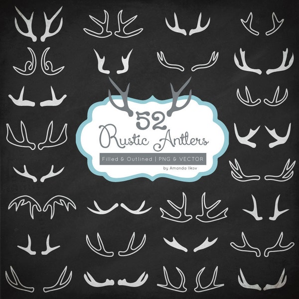 Premium Rustic Chalboard Antlers Clipart & Vectors for Commercial Design or Crafts - Antler Clipart, Antler Vectors, Chalk Antlers Clip Art