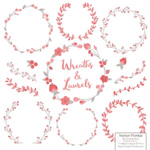 Premium Floral Wreaths & Laurels in Coral - Coral Wreath, Wreath Clipart, Laurel Clipart, Vector Wreaths, Vector Laurels