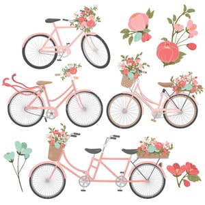May include: Four pink bicycles with floral accents. The bicycles have baskets filled with flowers. One bicycle is a tandem bike. The image also includes pink flowers and green leaves.