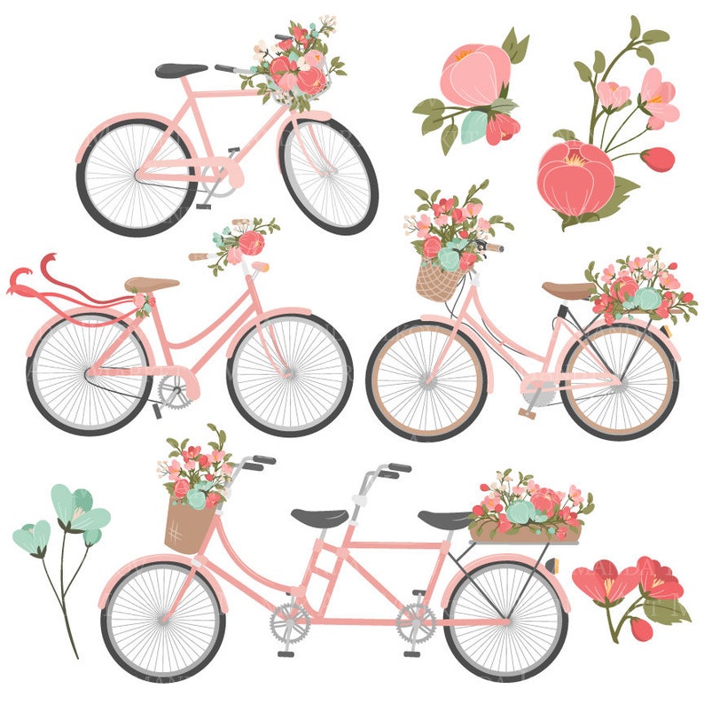 May include: Four pink bicycles with floral accents. The bicycles have baskets filled with flowers. One bicycle is a tandem bike. The image also includes pink flowers and green leaves.