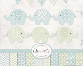 Premium Elephant Clipart, Vectors & Digital Papers in Grandmas Garden - Boys Pastel Elephant Clip Art, Elephant Vectors, Baby Elephants