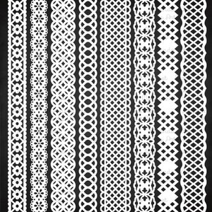 K&ouml;nnte beinhalten: Satz von zehn wei&szlig;en Spitzenbord&uuml;ren, jede mit einem anderen Muster. Die Bord&uuml;ren sind auf schwarzem Hintergrund.