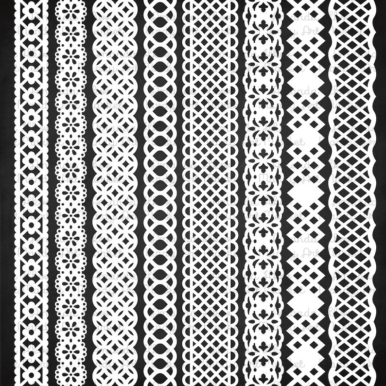 K&ouml;nnte beinhalten: Satz von zehn wei&szlig;en Spitzenbord&uuml;ren, jede mit einem anderen Muster. Die Bord&uuml;ren sind auf schwarzem Hintergrund.