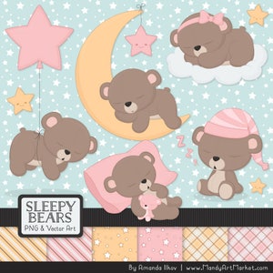 Professional Soft Pink Sleepy Bears Clipart - Soft Pink Bedtime Bears Clipart, Teddy Bear Vectors, Sleeping Bears