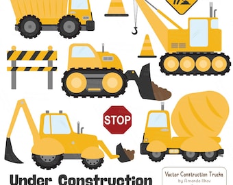 Premium Yellow Construction Clipart - Truck Clipart, Construction Clip Art, Vector Construction Trucks, Construction Equipment, Diggers
